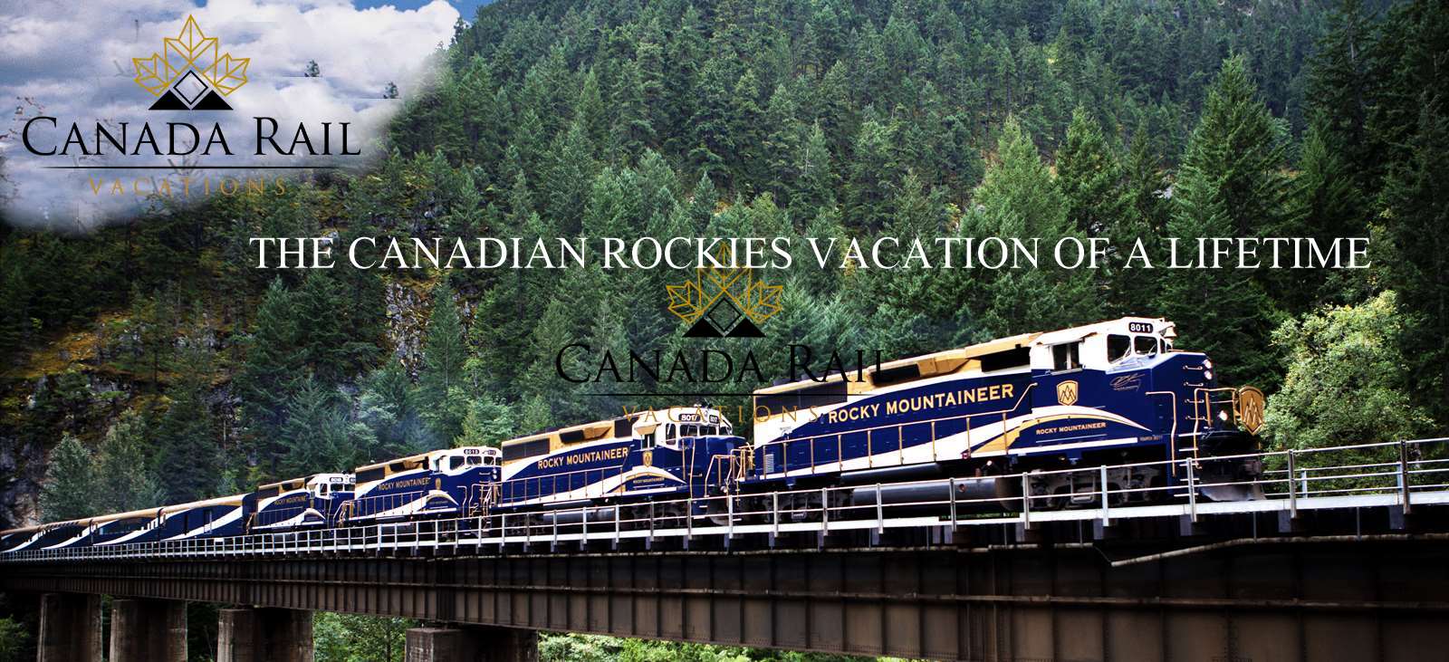 Rocky Mountaineer train crossing bridge on the way to Banff